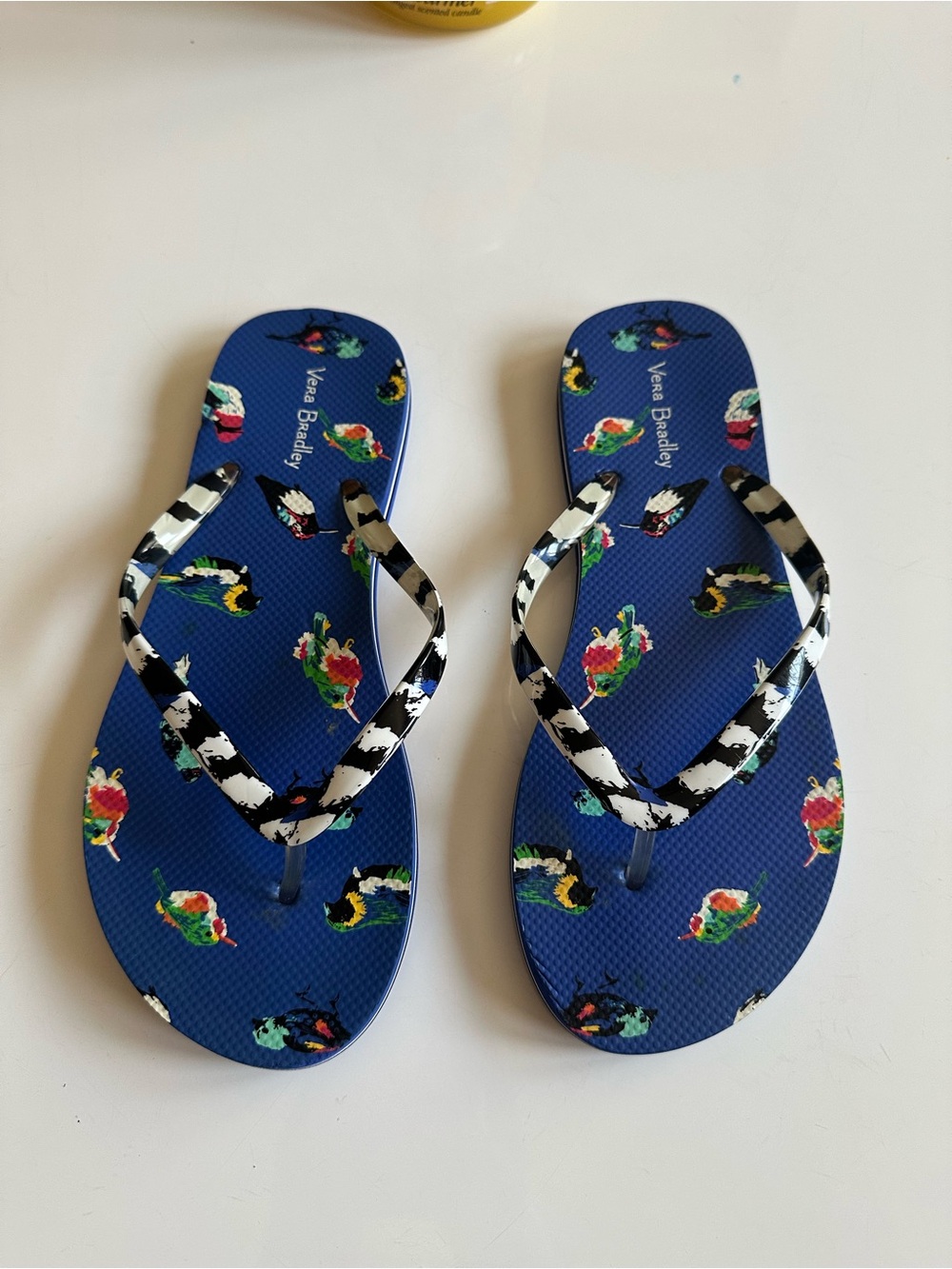 Vera Bradley Blue Floral Print Girls' Flip Flops with Black & White Straps